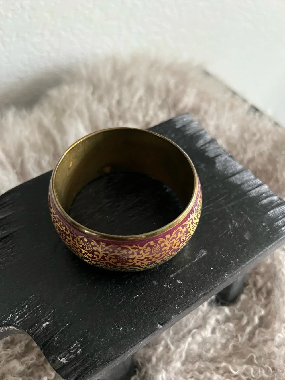 Gold-Tone Purple & Green Enamel Bangle Bracelet Made In India Vintage Brass